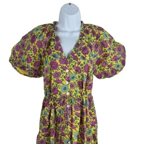 Banjanan NWT Poppy Puff Sleeve Daisy Floral Maxi Dress Size XS Yellow Purple - Picture 5 of 11